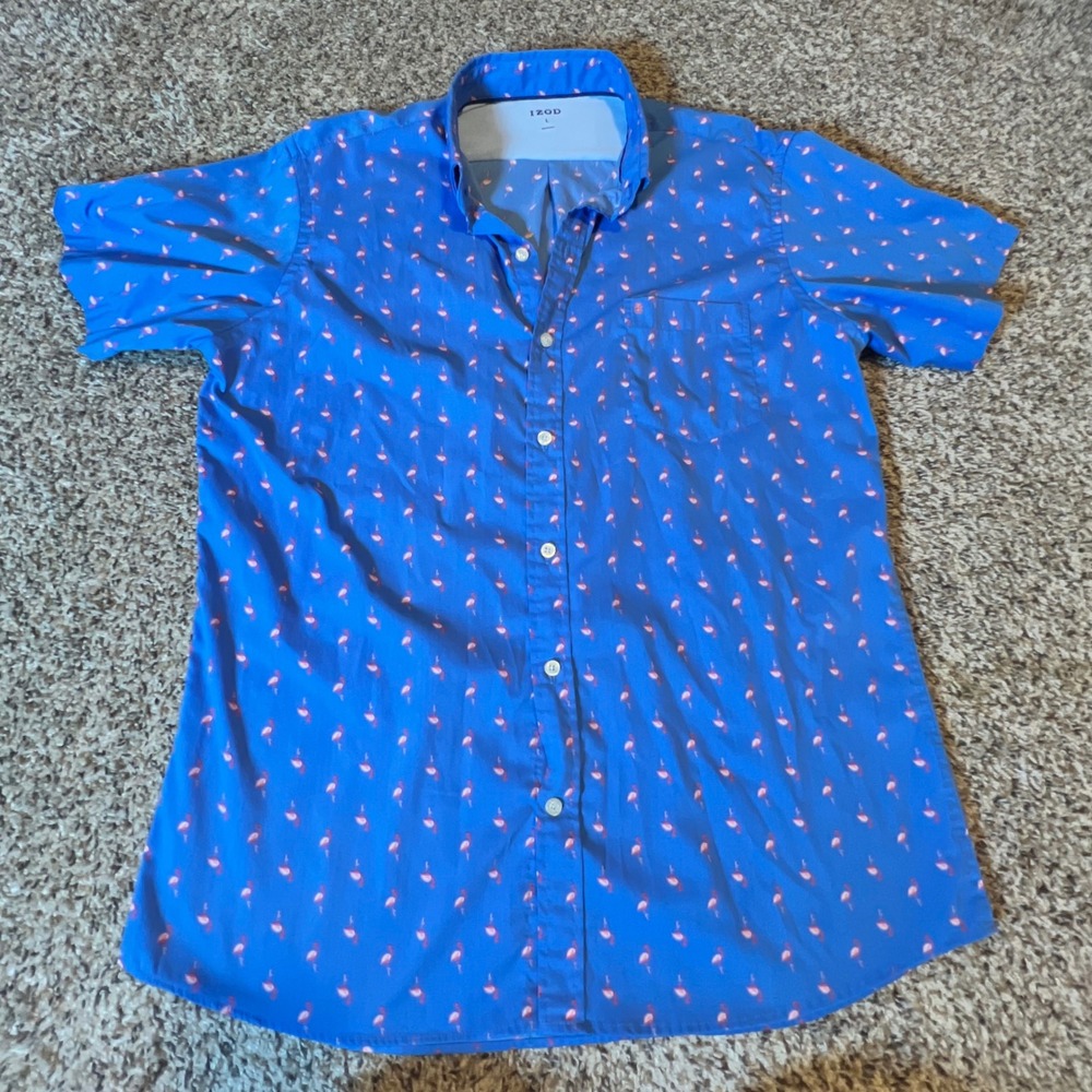 IZOD Mens Blue Flamingo Print Short Sleeve Button Down Shirt Large Tropical Pink